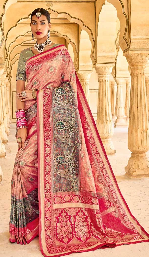 Function Wear Pink Color Silk Kanjivaram Tissue And Khatli Work Designer Saree -5053159494