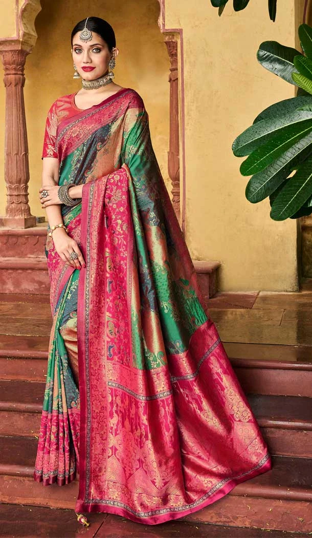 Dark Green Color Silk Kanjivaram Tissue And Khatli Work Designer Wear Saree -5053159495