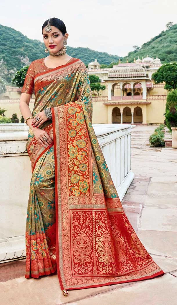Green Color Silk Kanjivaram Tissue And Khatli Work Designer Wear Saree -5053159497
