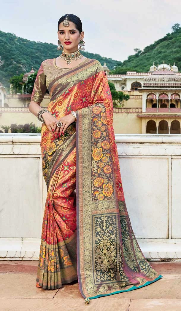Function Wear Rust Color Silk Kanjivaram Tissue And Khatli Work Designer Saree -5053159498