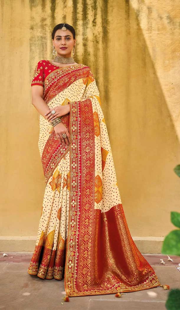 Beige And Red Color Dola Viscos Embroidery Work Bridal Wedding Wear Saree -5054159506