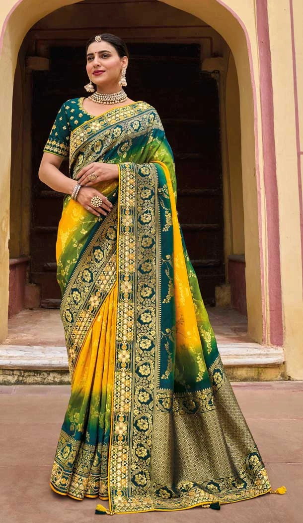 Green And Yellow Color Dola Viscos Embroidery Work Bridal Wedding Wear Saree -5054159513