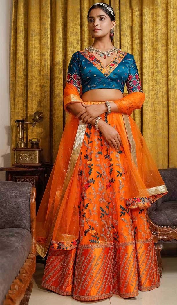 Orange Color Net With Silk Embroidery Work Wedding Wear Lehenga Choli -5055159518