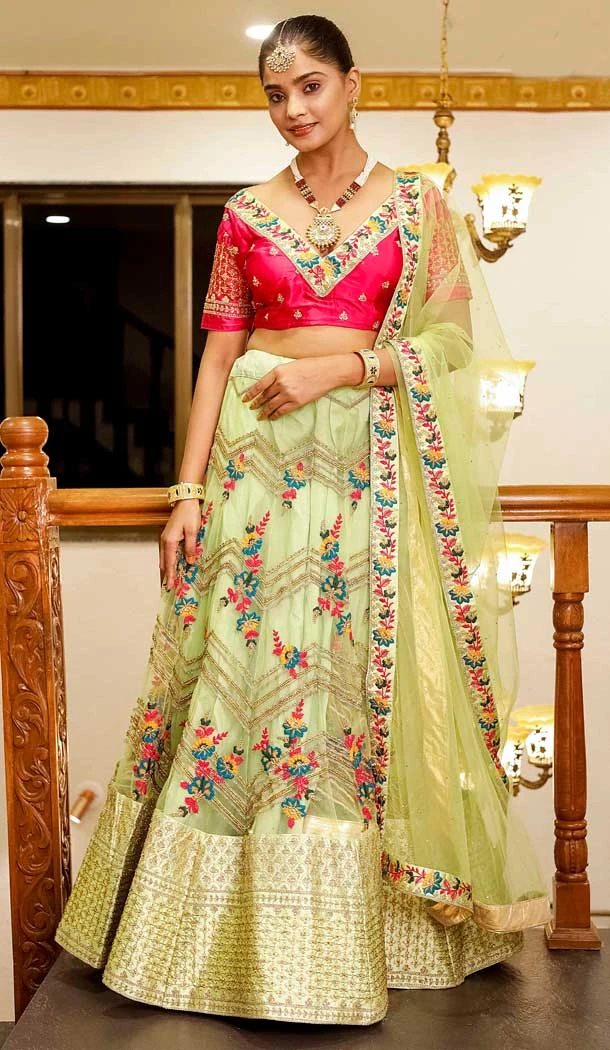 Light Green Color Net With Silk Embroidery Work Wedding Wear Lehenga Choli -5055159519
