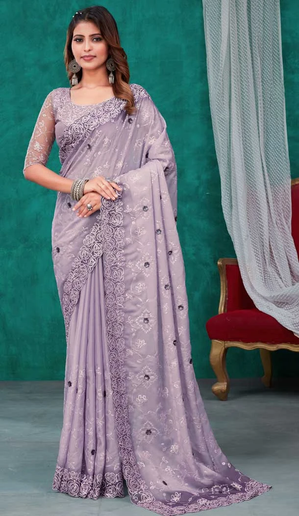 Light Purple Color Pure Satin Organza Sequins Work Festival Party Wear Saree -5056159520