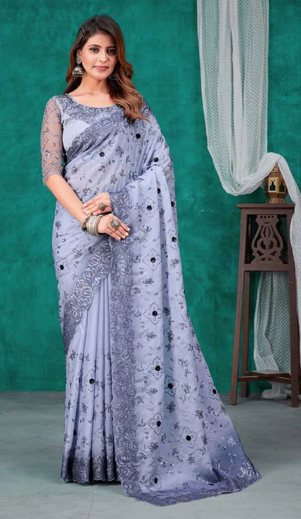 Light Blue Color Pure Satin Organza Sequins Work Festival Party Wear Saree -5056159522