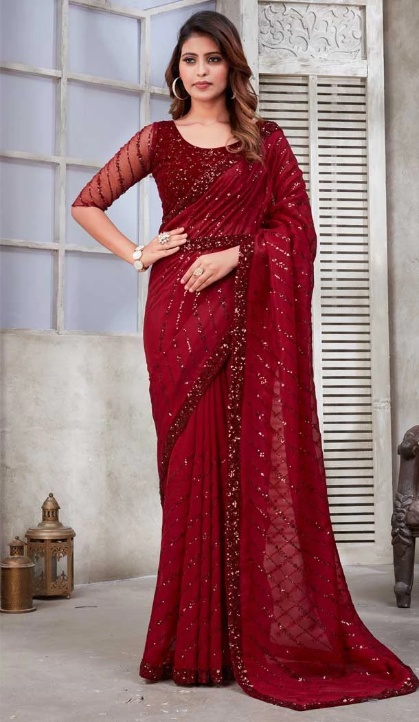 Maroon Color Soft Satin Organza Sequins Work Party Wear Saree -5057159524