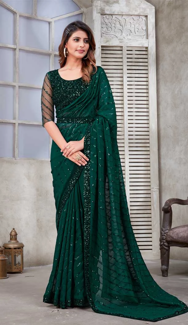 Green Color Soft Satin Organza Sequins Work Party Wear Saree -5057159525