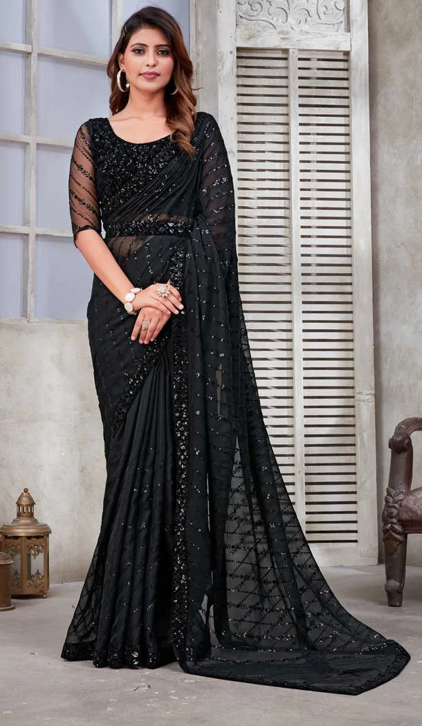 Black Color Soft Satin Organza Sequins Work Party Wear Saree -5057159526