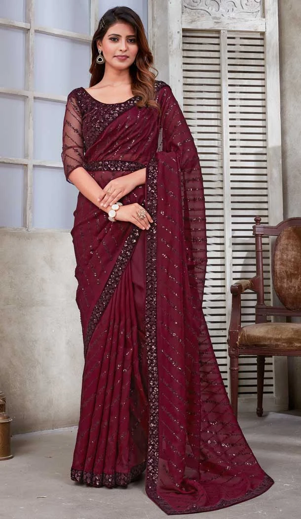 Wine Color Soft Satin Organza Sequins Work Party Wear Saree -5057159527