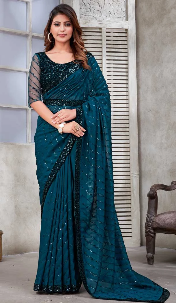 Teal Color Soft Satin Organza Sequins Work Party Wear Saree -5057159528