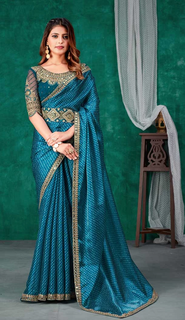 Rama Blue Color Jimmy Silk Golden Dori Work Party Function Wear Saree -5058159529