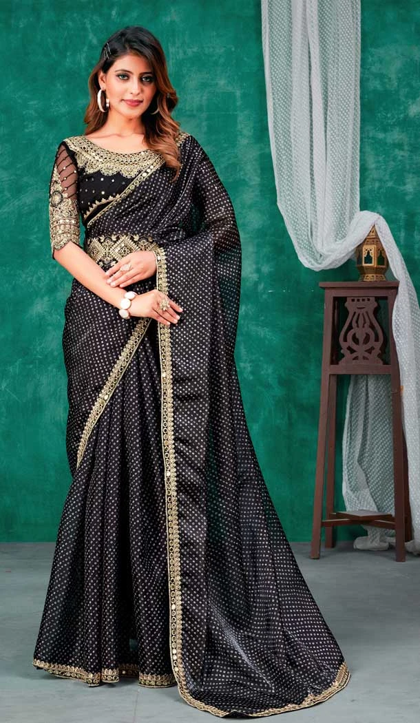 Black Color Jimmy Silk Golden Dori Work Party Function Wear Saree -5058159530