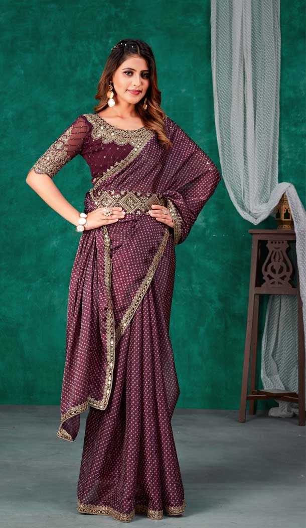 Wine Color Jimmy Silk Golden Dori Work Party Function Wear Saree -5058159531
