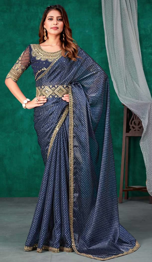 Navy Blue Color Jimmy Silk Golden Dori Work Party Function Wear Saree -5058159532