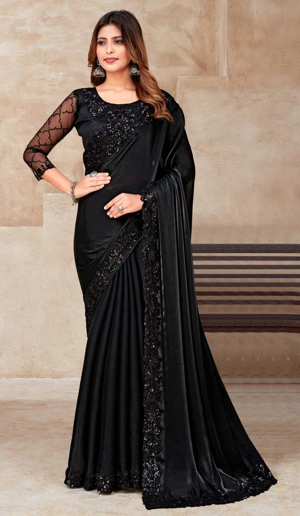 Party Wear Black Color Jimmy Silk Sequins Work Latest Designer Saree -5059159533