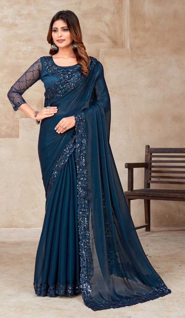 Party Wear Teal Blue Color Jimmy Silk Sequins Work Latest Designer Saree -5059159534