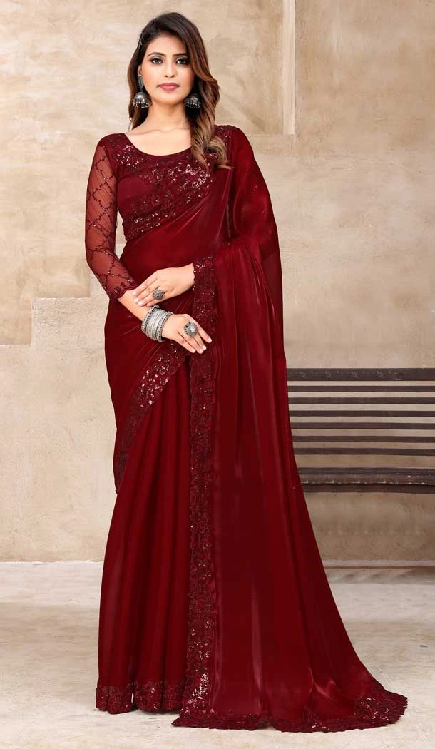 Party Wear Maroon Color Jimmy Silk Sequins Work Latest Designer Saree -5059159535