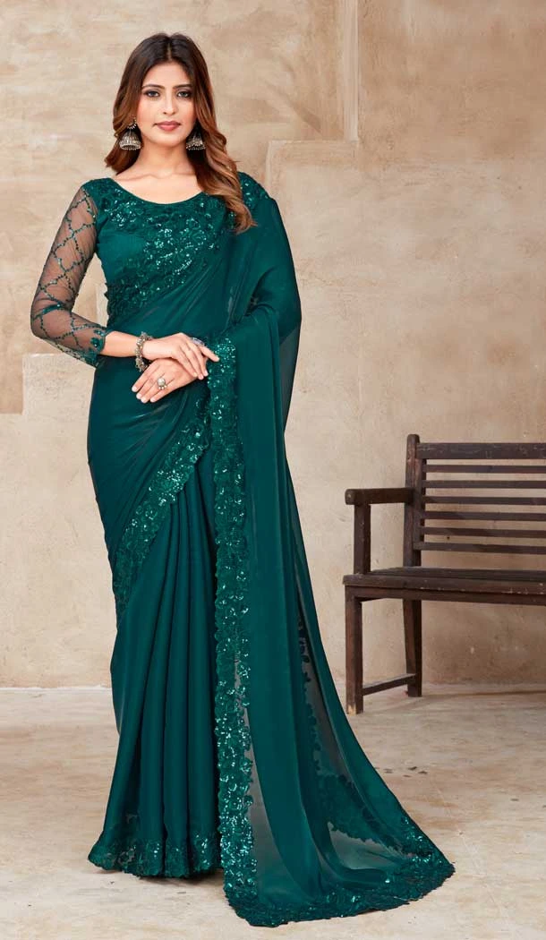 Party Wear Teal Green Color Jimmy Silk Sequins Work Latest Designer Saree -5059159536