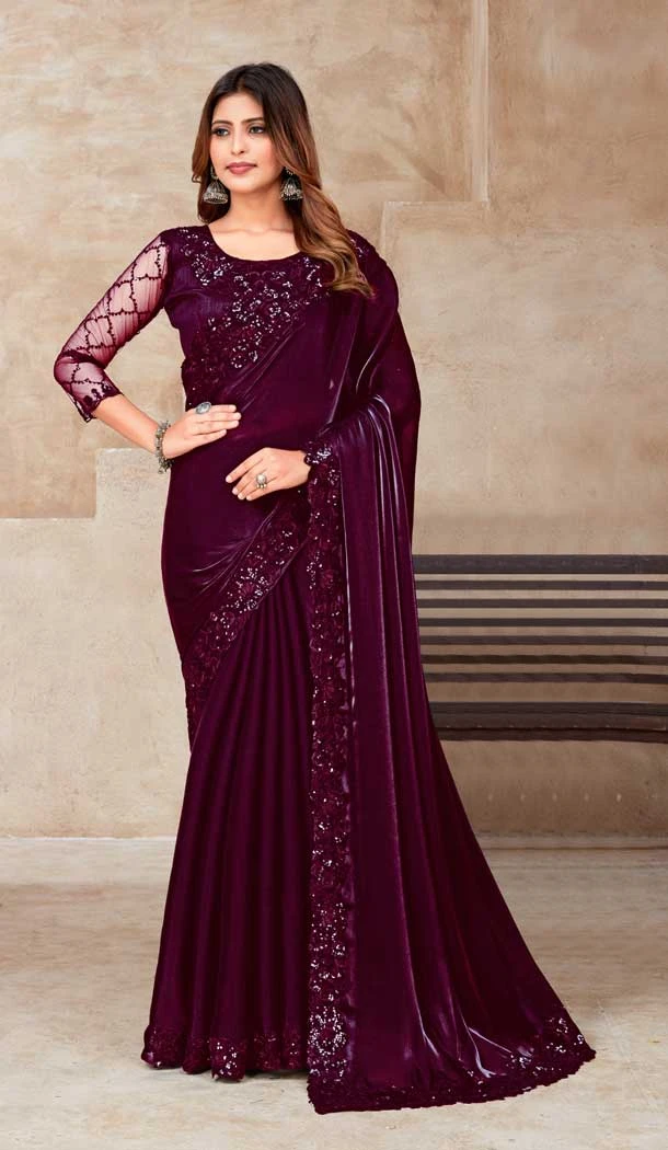 Party Wear Wine Color Jimmy Silk Sequins Work Latest Designer Saree -5059159537