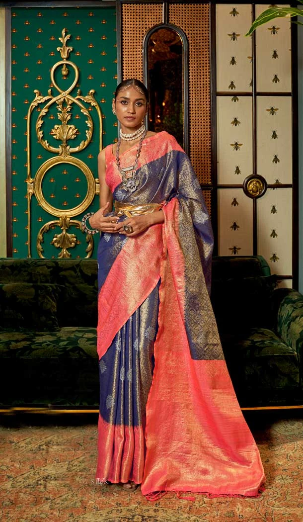 Festival Wear Navy Blue Color Weaving Zari Base Chaap Handloom Work Saree -5060159539
