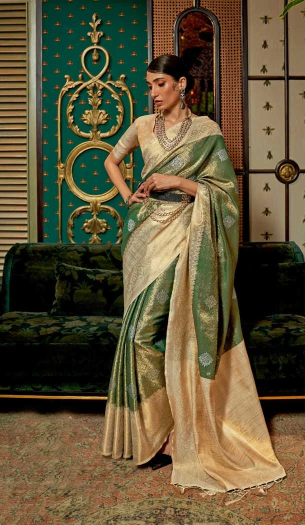 Festival Wear Olive Green Color Weaving Zari Base Chaap Handloom Work Saree -5060159541
