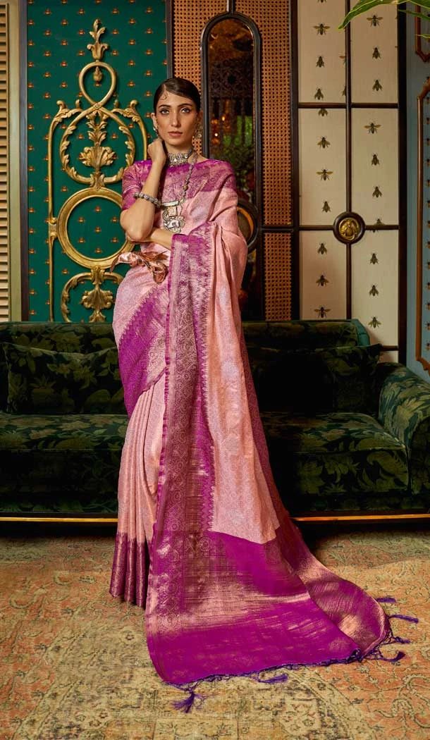 Festival Wear Pink Color Weaving Zari Base Chaap Handloom Work Saree -5060159543