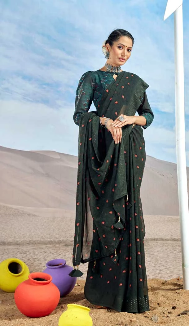 Dark Green Color Georgette Foil Print Work Casual Party Wear Saree -5064159569