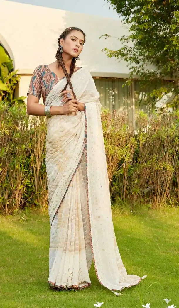 Cream Color Georgette Thread Sequence Work Party Wear Casual Saree -5065159575