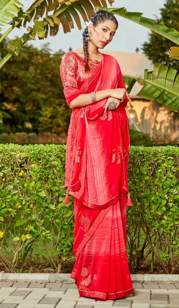 Red Color Georgette Thread Sequence Work Party Wear Casual Saree -5065159579