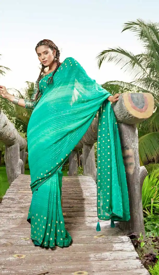 Teal Green Color Georgette Thread Sequence Work Party Wear Casual Saree -5065159580