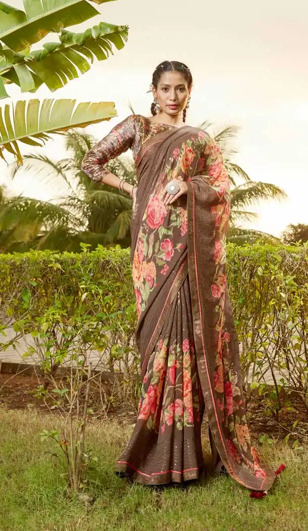 Brown Color Georgette Thread Sequence Work Party Wear Casual Saree -5065159582