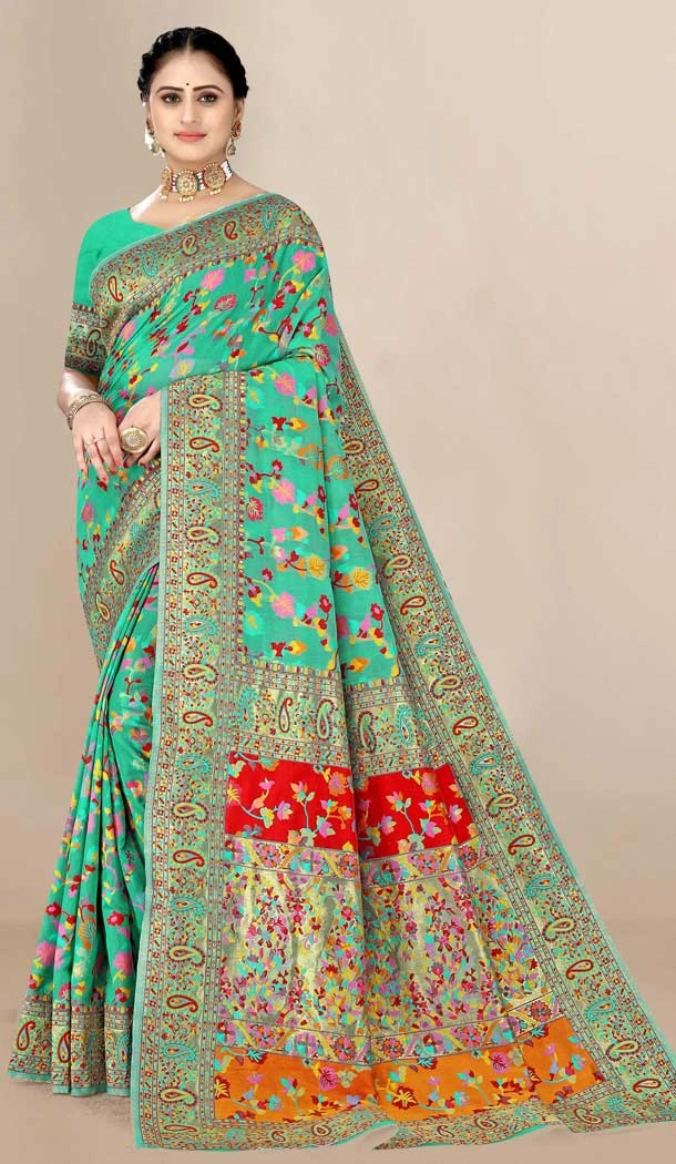 Rama Green Color Cotton Print Work Traditional Wear Latest Designer Saree -5075159640