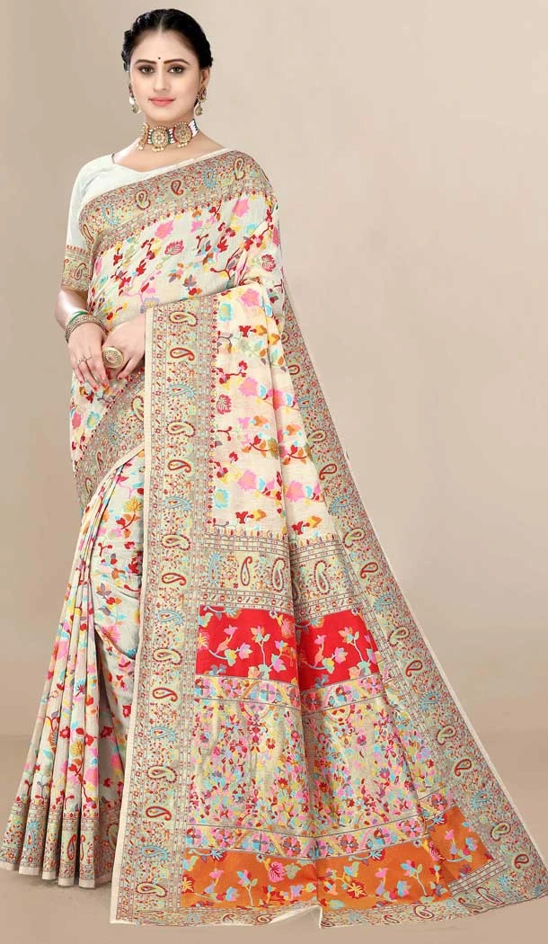 Off White Color Cotton Print Work Traditional Wear Latest Designer Saree -5075159643