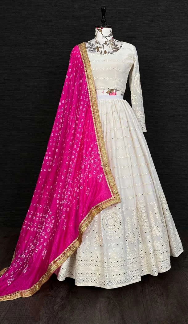 White Color Georgette Lucknowi Mirror Party Lehenga Choli With Rani Pink Dupatta -5077159650