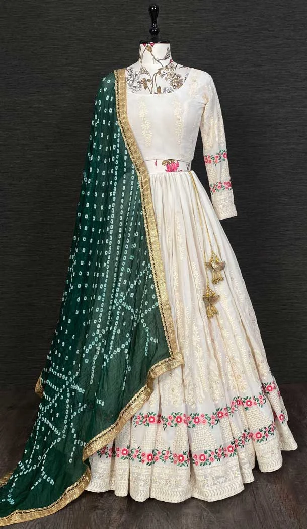 White Color Georgette Embroidery Party Lehenga Choli With Green Bandhej Dupatta -5077159651