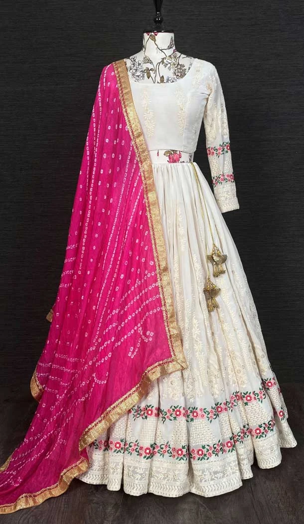 White Color Georgette Embroidery Party Lehenga Choli With Rani Pink Dupatta -5077159652