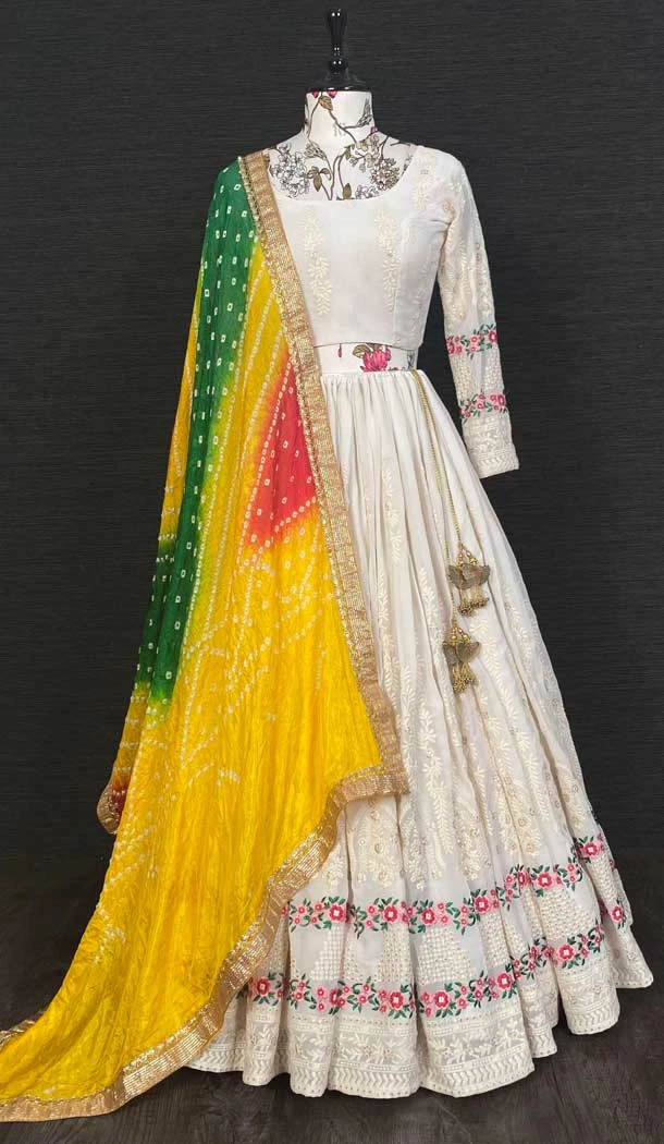 White Color Georgette Lucknowi Work Party Lehenga Choli With Multi Color Dupatta -5077159653