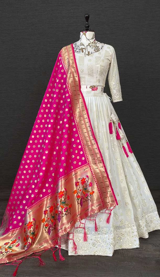 White Color Georgette Sequins Work Party Lehenga Choli With Rani Pink Dupatta -5077159654