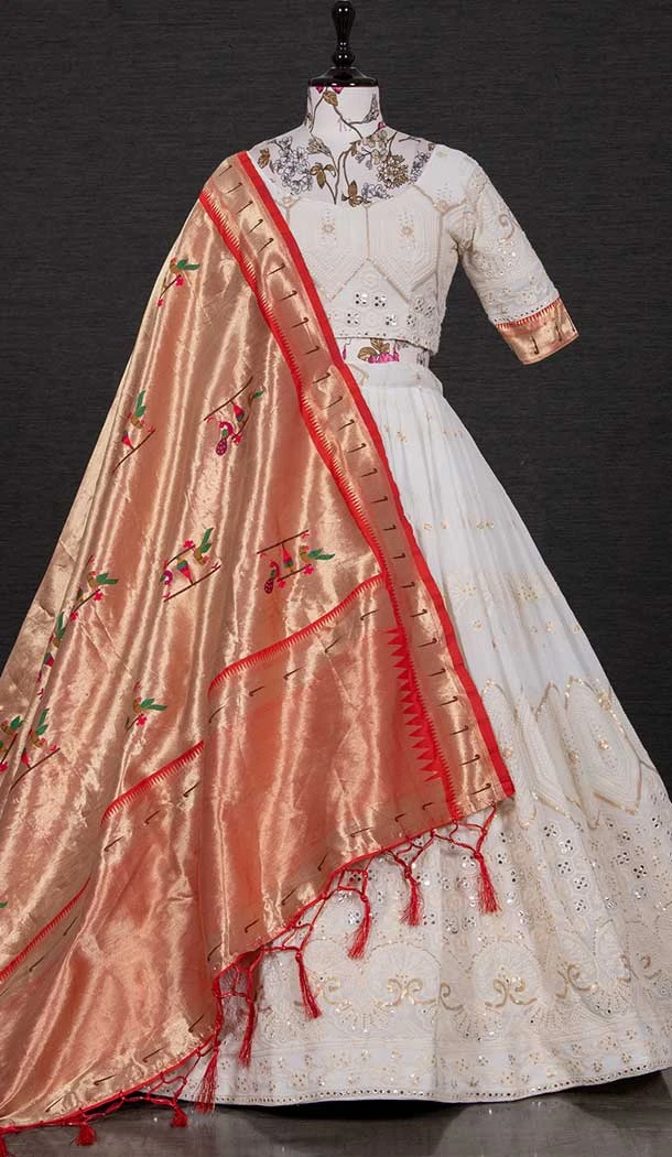 White Color Georgette Lucknowi Sequins Work Party Lehenga Choli With Silk Dupatta -5077159655
