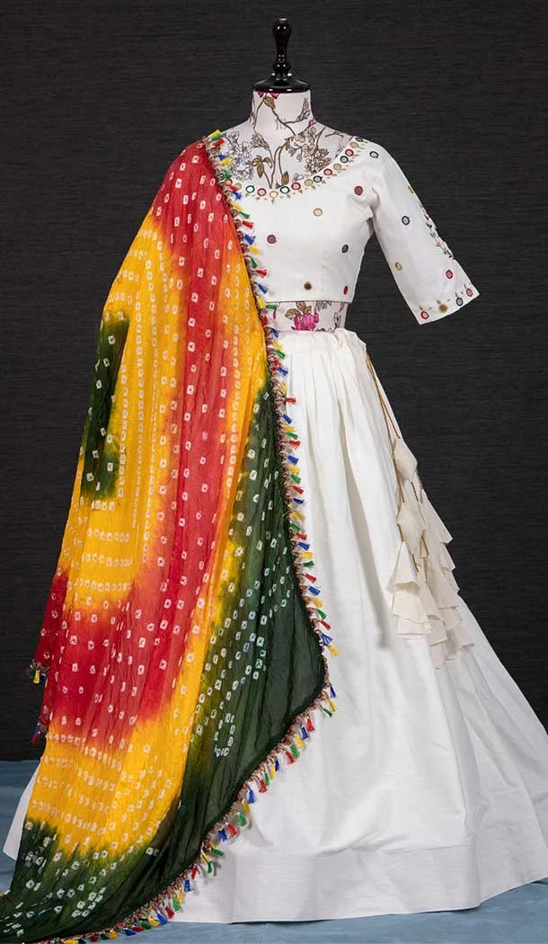 White Color Cotton Plain Party Lehenga Choli With Multi Color Dupatta -5077159656