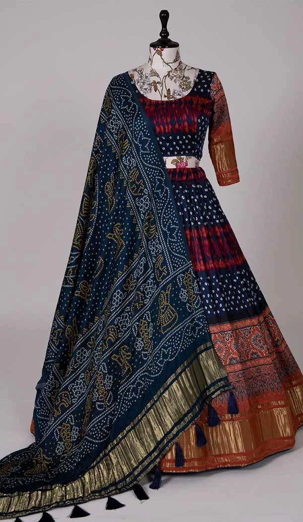 Navy Blue Color Gaji Silk Digital Print Work Function Wear Lehenga Choli -5078159660