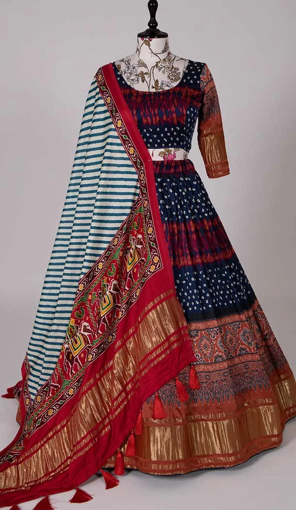 Gaji Silk Navy Blue Color Digital Print Work Function Wear Lehenga Choli -5078159661