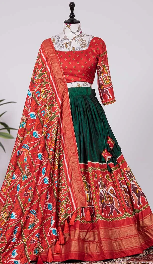 Bottle Green Color Dola Silk Patola Print Work Function Wear Lehenga Choli -5078159665