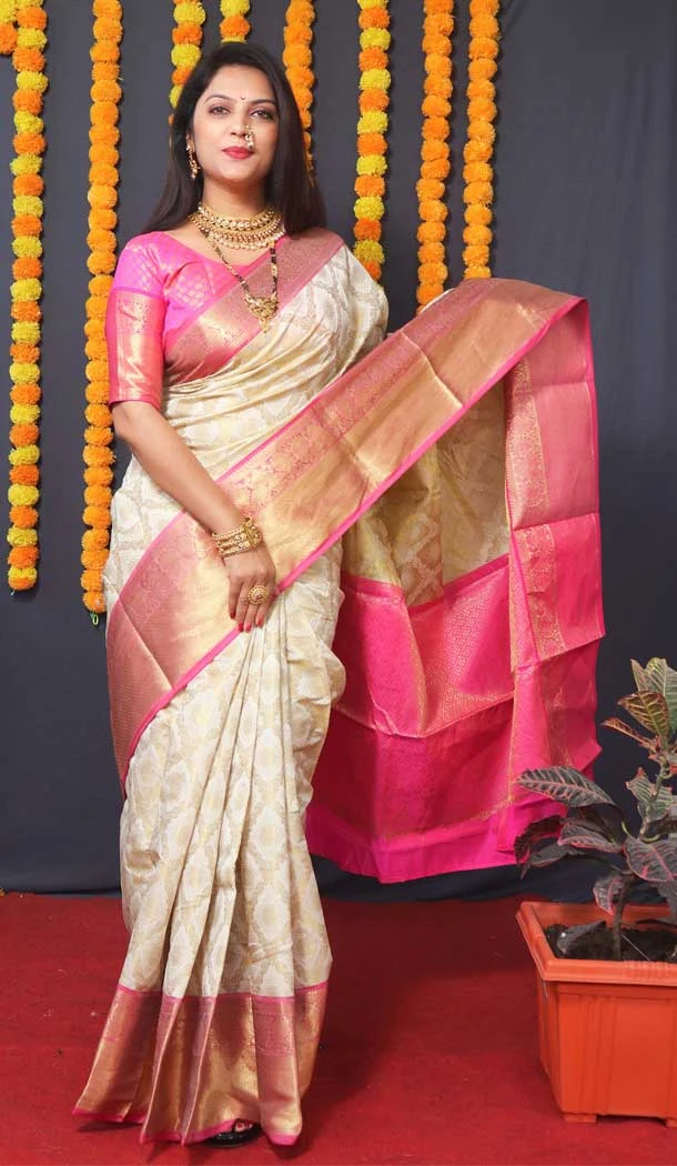 Traditional Wear Beige Color Banarasi Silk Jacquard Work Designer Saree -5086159758
