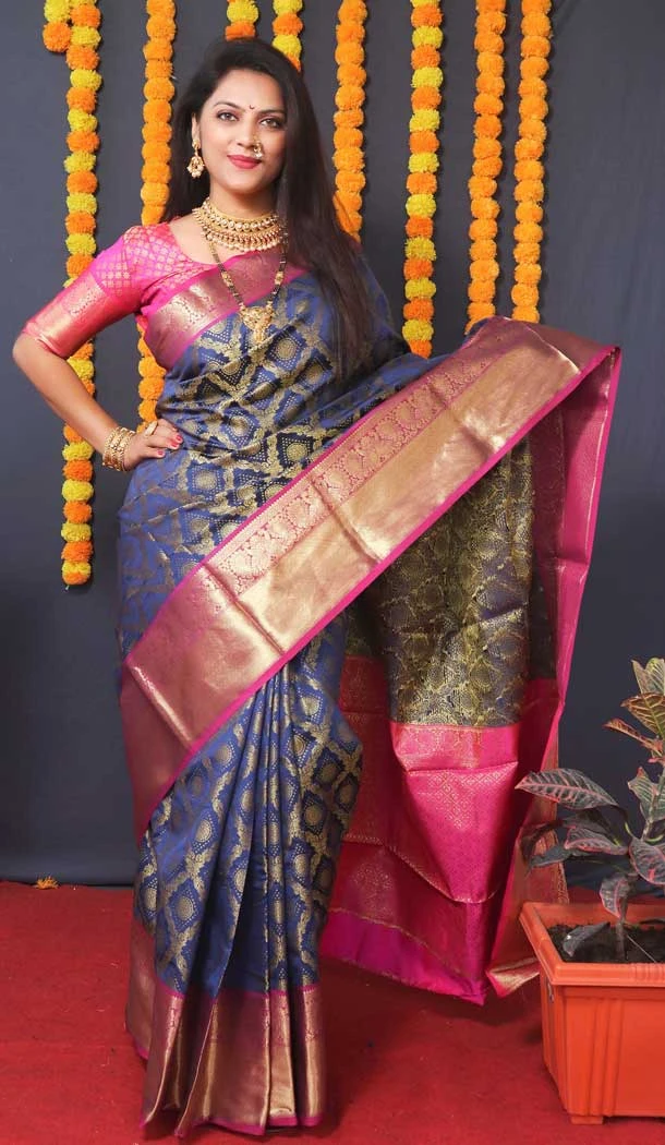 Traditional Wear Navy Blue Color Banarasi Silk Jacquard Work Designer Saree -5086159761