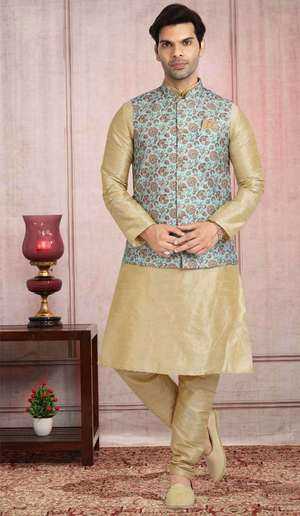 Chiku Color Art Silk Printed Work Men's Kurta Pajama With Jacket -5081159674