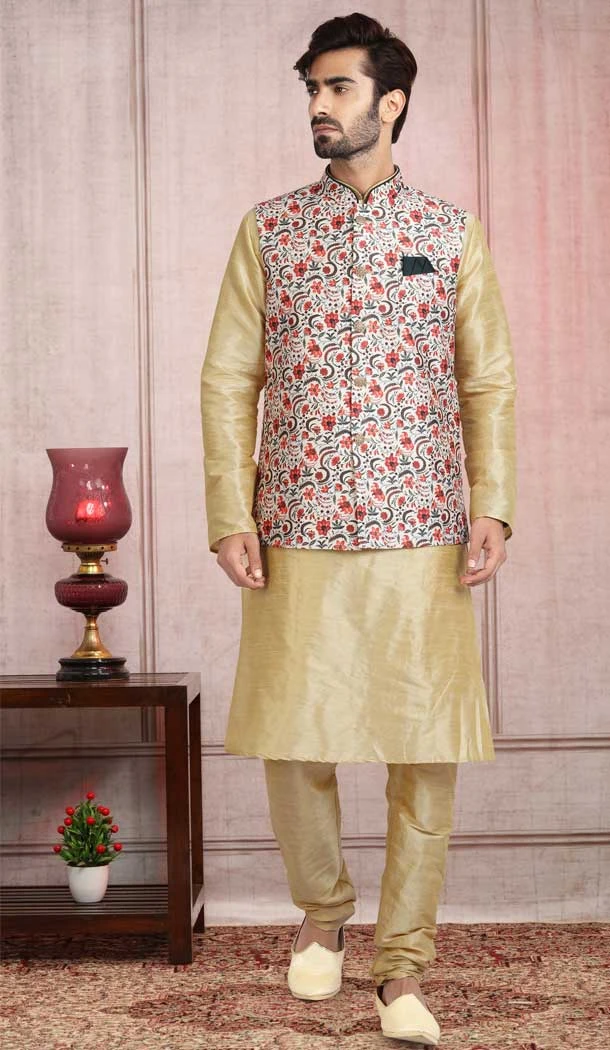 Art Silk Chiku Color Printed Work Men's Kurta Pajama With Jacket -5081159675