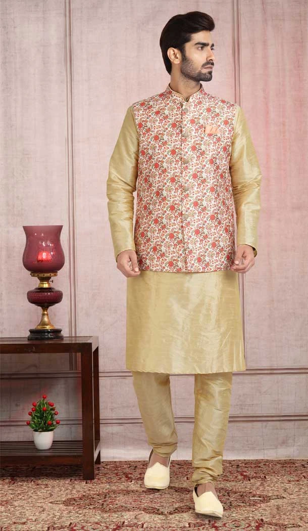 Traditional Wear Chiku Color Art Silk Printed Work Men's Kurta Pajama With Jacket -5081159677