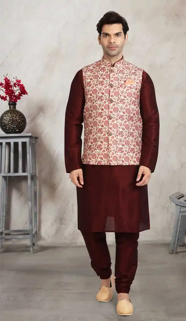 Maroon Color Art Silk Printed Work Men's Kurta Pajama With Jacket -5081159678